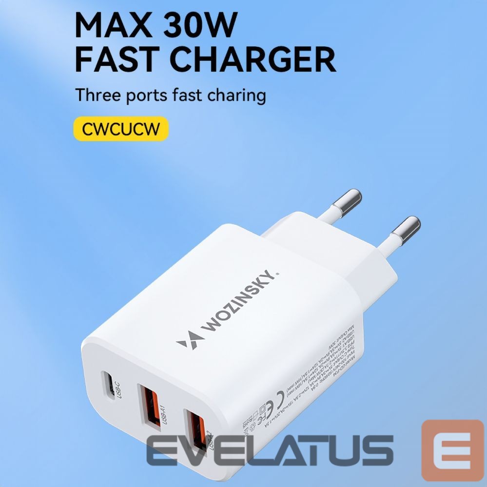 Adapteris Wozinsky Wozinsky CWCUCW 30W USB-C / 2 x USB-A Wall Charger - White