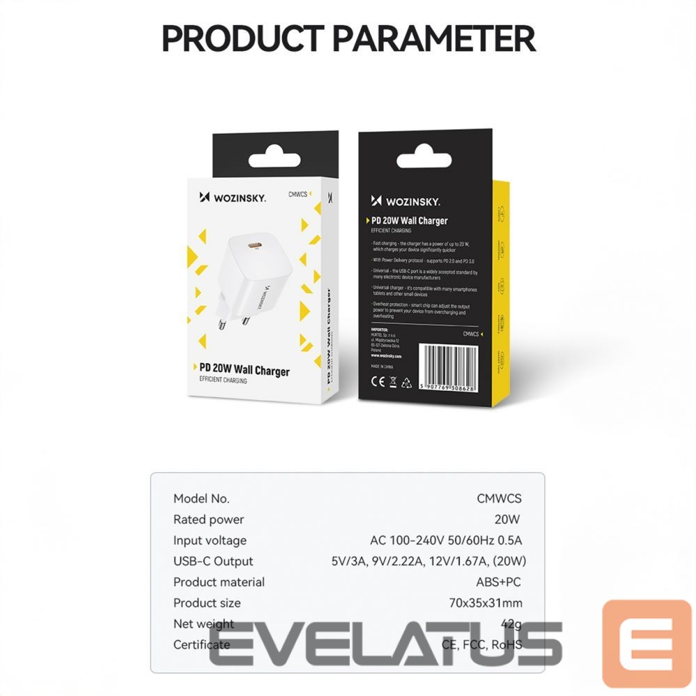 Adapteris Wozinsky Wozinsky CMWCS USB-C PD 20W Wall Charger - White