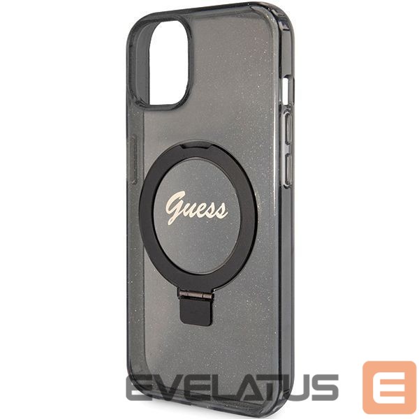 Aizmugurējais vāciņš Guess Guess Ring Stand Script Glitter MagSafe case for iPhone 14 / 15 / 13 - black