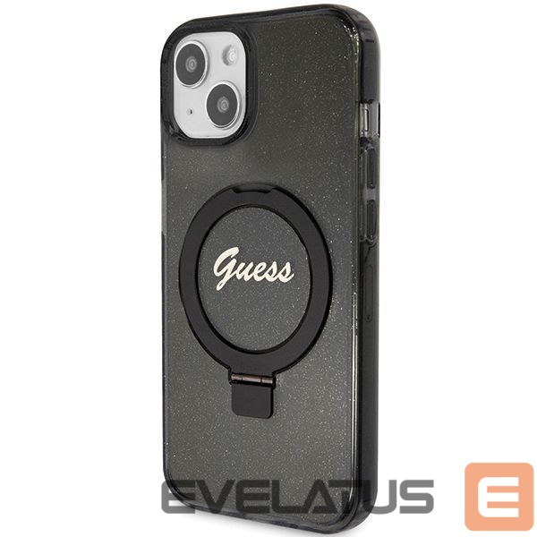 Aizmugurējais vāciņš Guess Guess Ring Stand Script Glitter MagSafe case for iPhone 14 / 15 / 13 - black