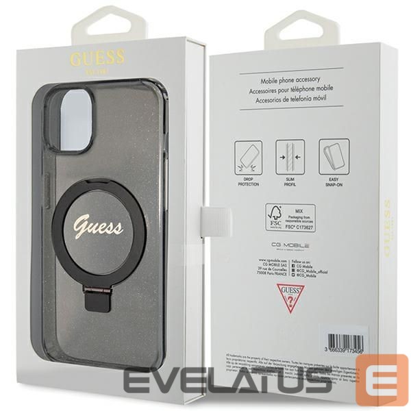 Aizmugurējais vāciņš Guess Guess Ring Stand Script Glitter MagSafe case for iPhone 14 / 15 / 13 - black