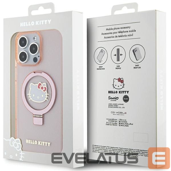 Aizmugurējais vāciņš Hello Kitty Hello Kitty Ring Stand Glitter Electrop Logo MagSafe Case for iPhone 15 Pro Max - Pink