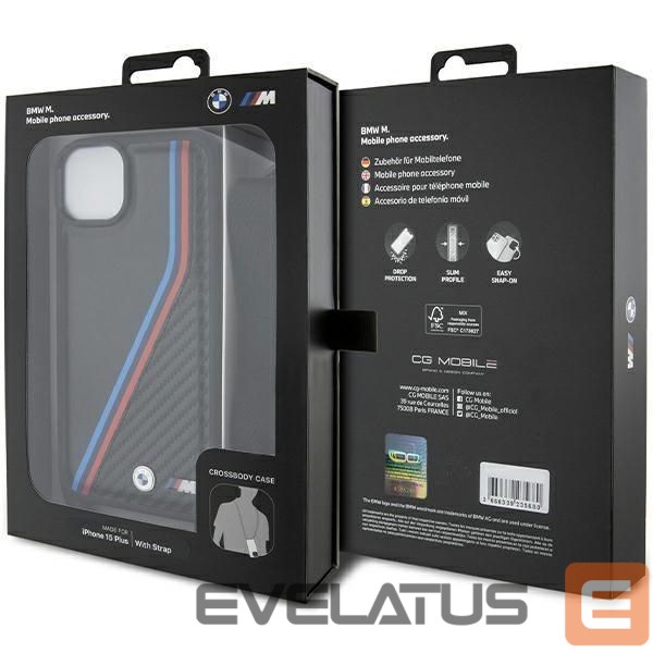 Aizmugurējais vāciņš BMW BMW M Edition Carbon Tricolor Lines & Strap case for iPhone 15 Plus / 14 Plus - black