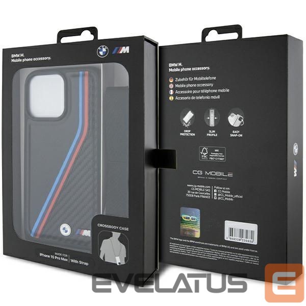 Aizmugurējais vāciņš BMW BMW M Edition Carbon Tricolor Lines & Strap case for iPhone 15 Pro Max - black