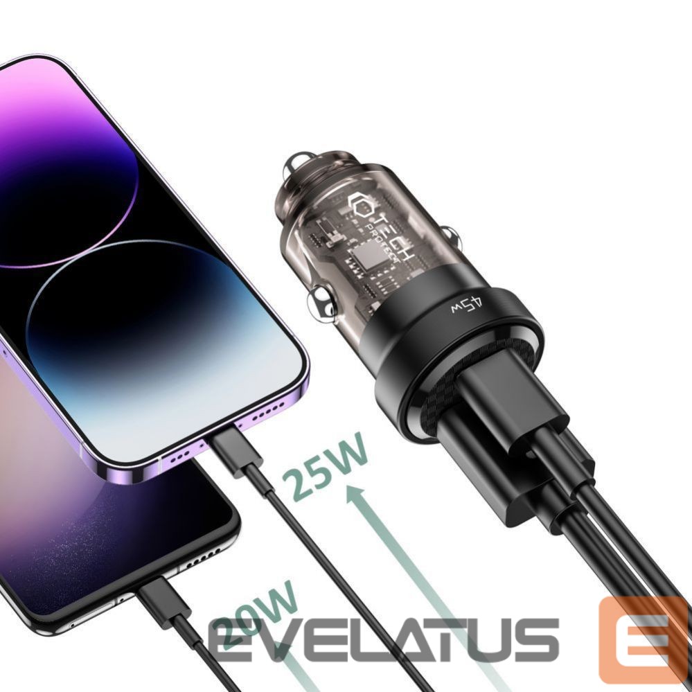 Adapteris Tech-Protect Tech-Protect CC45W Car Charger USB-C PD 45W / USB-A QC 3.0 - Black