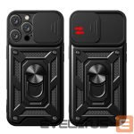 Aizmugurējais vāciņš Hurtel  Hybrid Armor Camshield iPhone 16 Pro Max Armored Case with Camera Cover and Stand - Black 