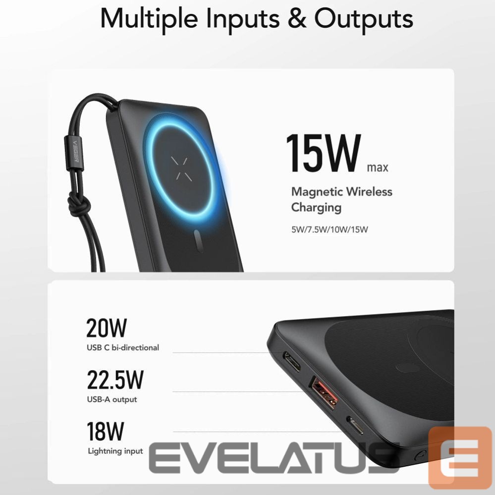Ārējais akumulators Veger Powerbank compatible with Magsafe Veger MagOn (VP1151 / W1151) PD QC3.0 2A 20W with wireless charging 10000 mAh white