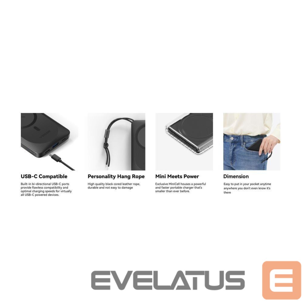 Ārējais akumulators Veger Powerbank compatible with Magsafe Veger MagOn (VP1151 / W1151) PD QC3.0 2A 20W with wireless charging 10000 mAh white