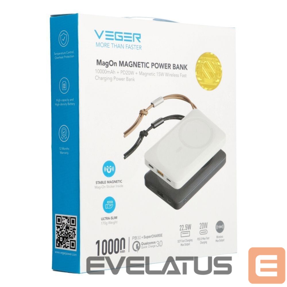 Ārējais akumulators Veger Powerbank compatible with Magsafe Veger MagOn (VP1151 / W1151) PD QC3.0 2A 20W with wireless charging 10000 mAh white