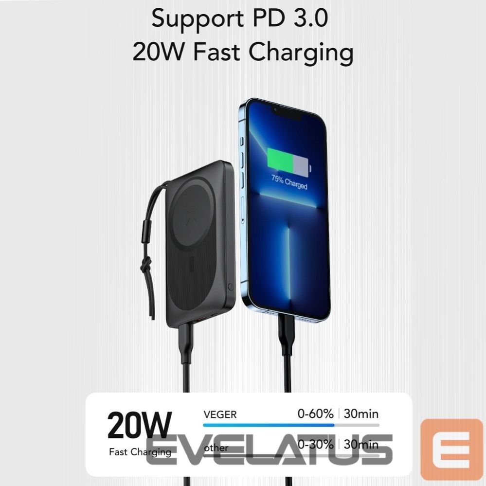 Ārējais akumulators Veger Powerbank compatible with Magsafe Veger MagOn (VP1151 / W1151) PD QC3.0 2A 20W with wireless charging 10000 mAh white