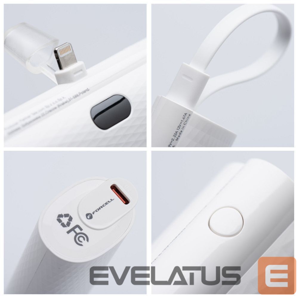 Ārējais akumulators Forcell Powerbank Forcell F-Energy Power Plug F5K3 PD 20W 5000 mAh with built-in connector Lightning white