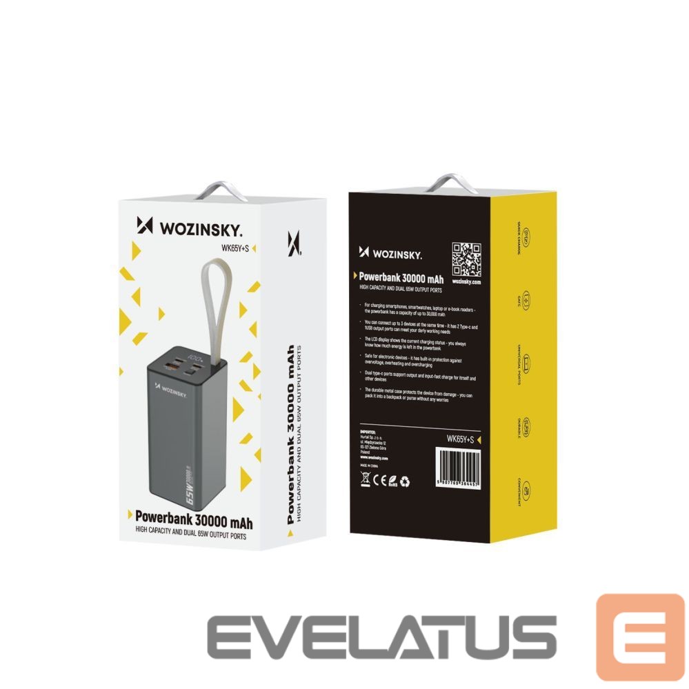 Ārējais akumulators Wozinsky Powerbank Wozinsky K65+ 65W 30000mAh 2x USB-C, 1x USB-A 65W - black