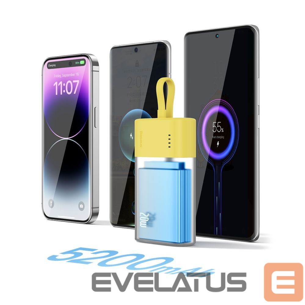 Ārējais akumulators Baseus Baseus Popsicle 5200mAh 20W Powerbank with Built-in Lightning Cable (+ White Baseus Simple USB-C - USB-C 60W/20V/3A/30cm Cable) - Yellow-Pink
