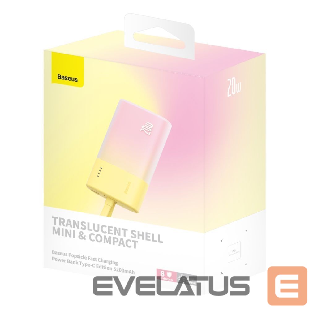Ārējais akumulators Baseus Baseus Popsicle 5200mAh 20W Powerbank with Built-in Lightning Cable (+ White Baseus Simple USB-C - USB-C 60W/20V/3A/30cm Cable) - Yellow-Pink