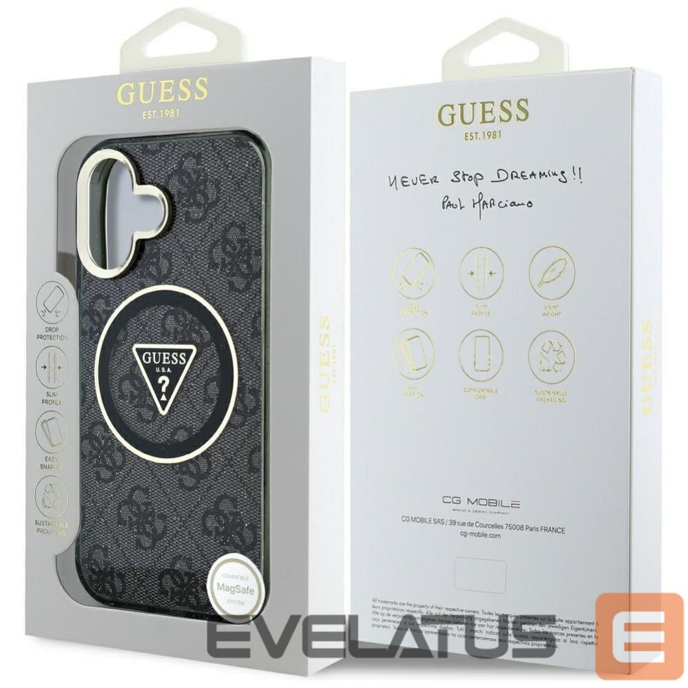 Aizmugurējais vāciņš Guess - GUESS case for IPHONE 16 compatible with MagSafe GUHMP16SHG4PRTGK (IML Metal Glitter 4G Circle Triangle) black Black