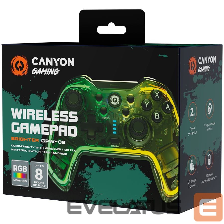 Kontrolieris Canyon gamepad Brighter GPW-02 BT+Dongle Wireless Crystal Transparent