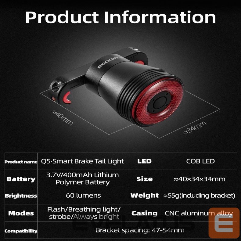 Piederums velosipēdiem Rockbros Rockbros Q5 Rear Bike Light with Intelligent Stop System - Black