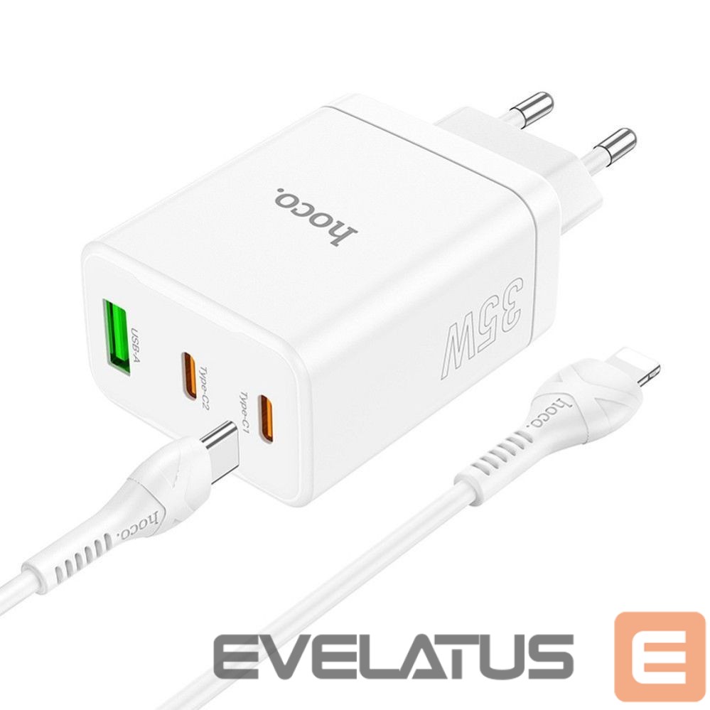 Adapteris Hoco Phone charger Hoco 2 x USB C + USB A QC3.0 PD 3A 35W + cable USB C to Lightning N33 white