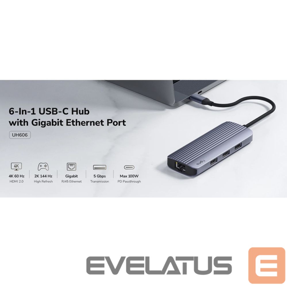 Rūteris Cudy UH606 PortMate USB-C 6-in-1 Hub 4K 60Hz HDMI Gigabit LAN 3x USB-A Power Input Grey