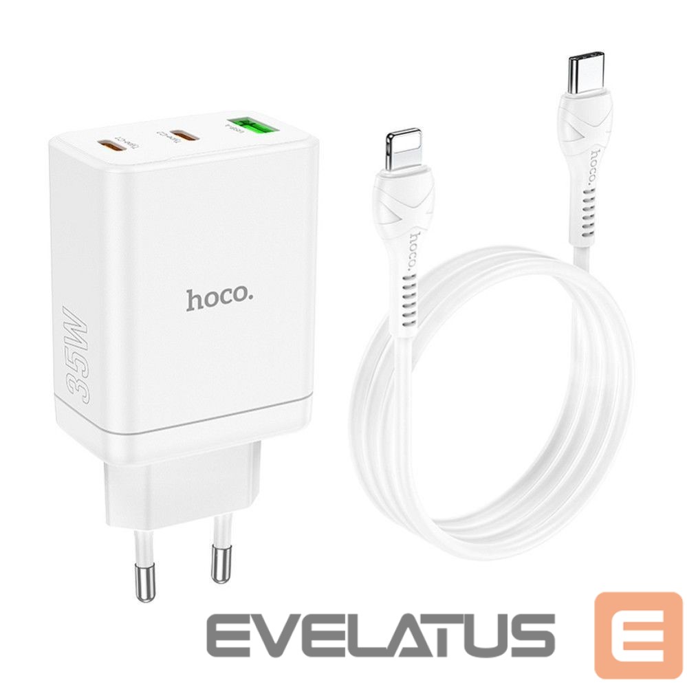 Adapteris Hoco Phone charger Hoco 2 x USB C + USB A QC3.0 PD 3A 35W + cable USB C to Lightning N33 white