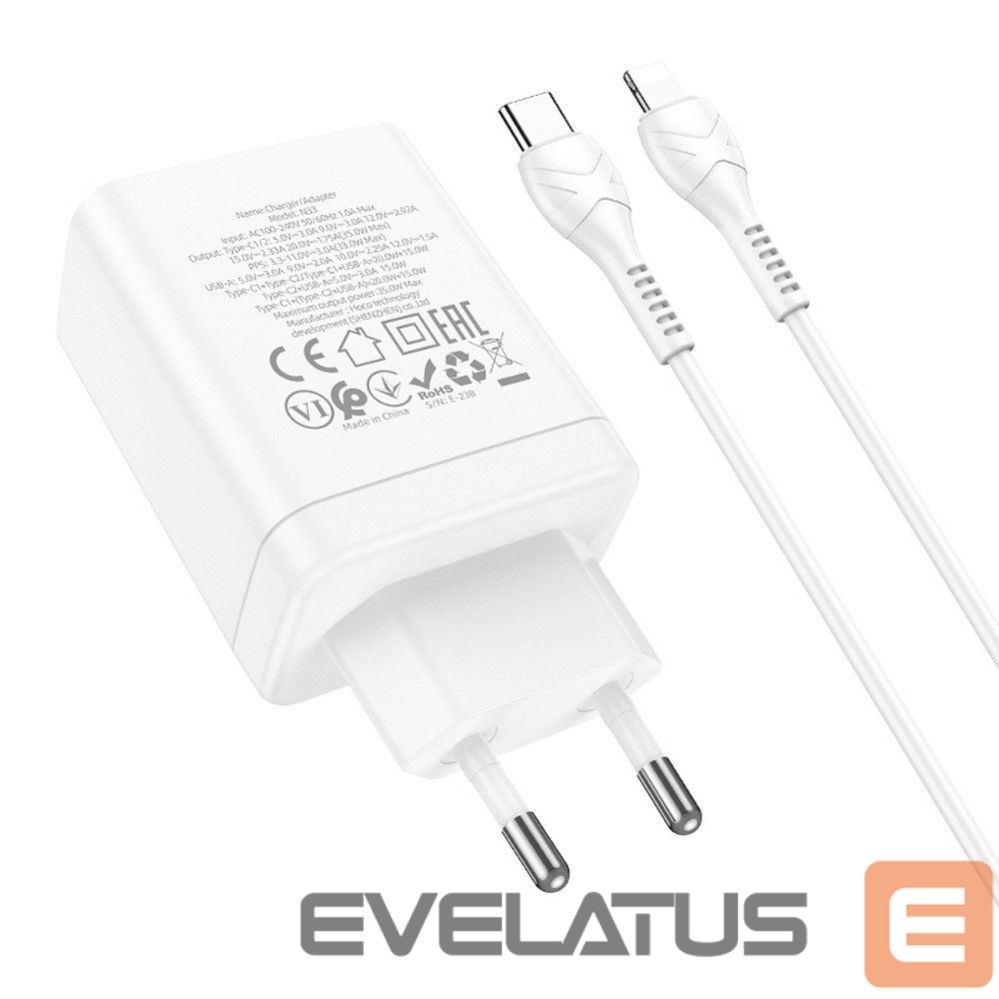 Adapteris Hoco Phone charger Hoco 2 x USB C + USB A QC3.0 PD 3A 35W + cable USB C to Lightning N33 white