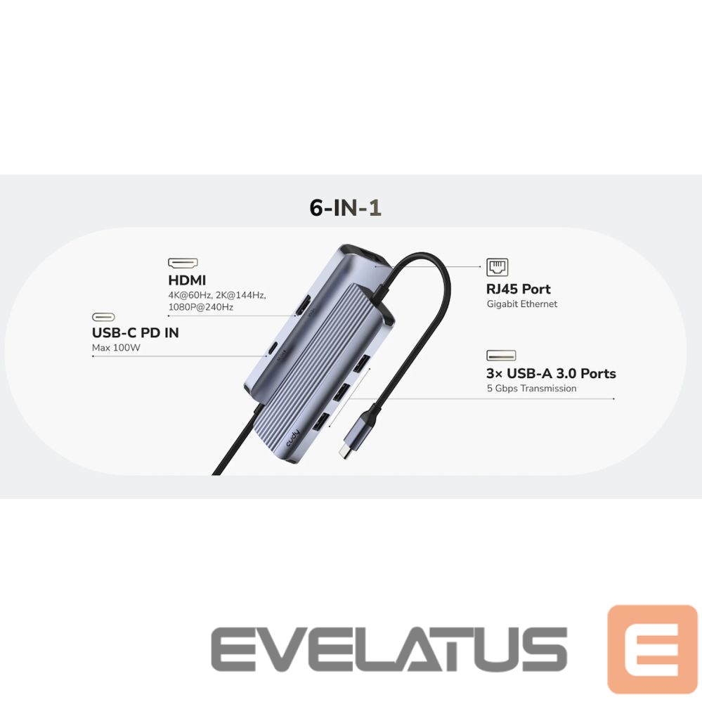 Rūteris Cudy UH606 PortMate USB-C 6-in-1 Hub 4K 60Hz HDMI Gigabit LAN 3x USB-A Power Input Grey