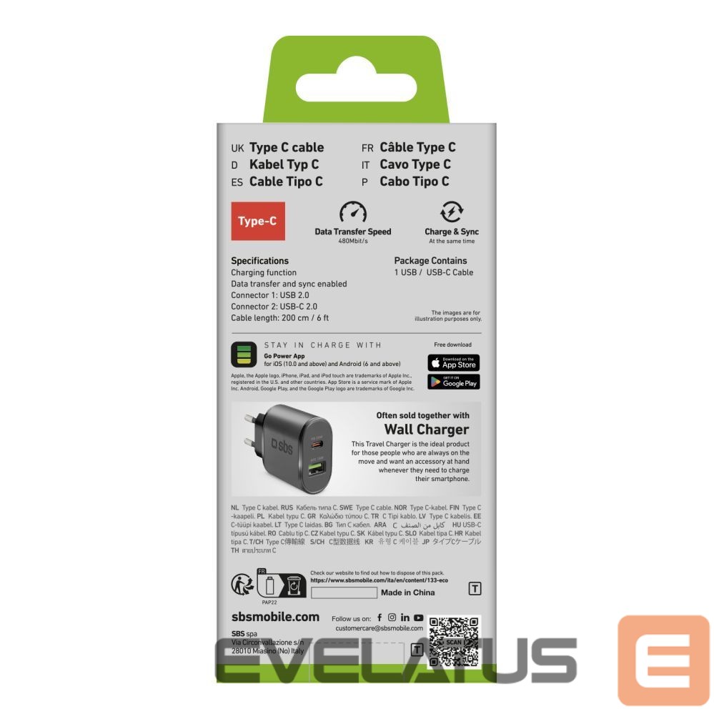 Kabelis SBS SBS TECABLETC220K USB-A - USB-C Cable 2 m - Black