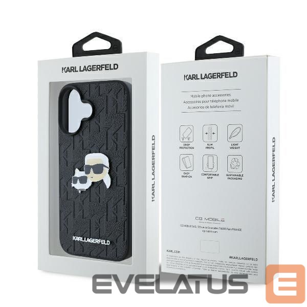 Cits mobilo telefonu aksesuārs Karl Lagerfeld Karl Lagerfeld Monogram Karl & Choupette Head Pin iPhone 16 Case - Black