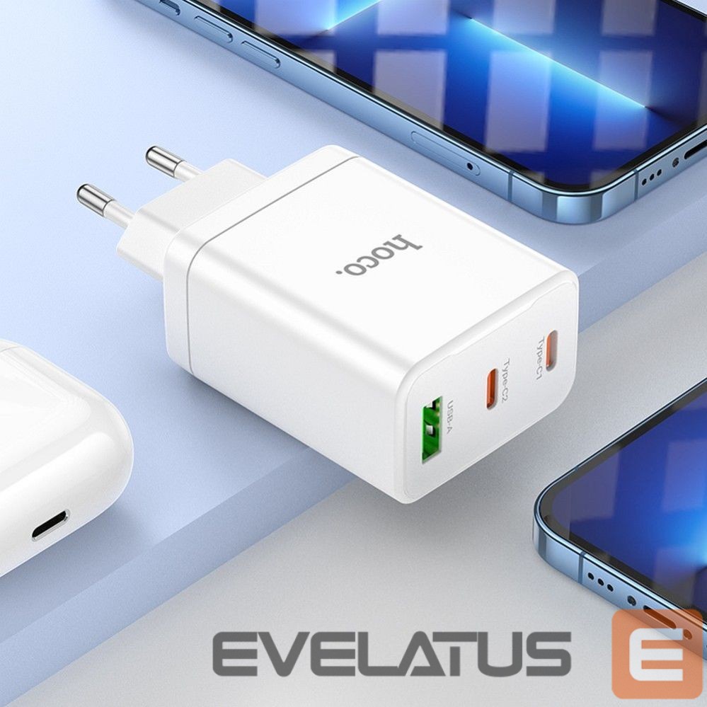 Adapteris Hoco Phone charger Hoco 2 x USB C + USB A QC3.0 PD 3A 35W + cable USB C to Lightning N33 white