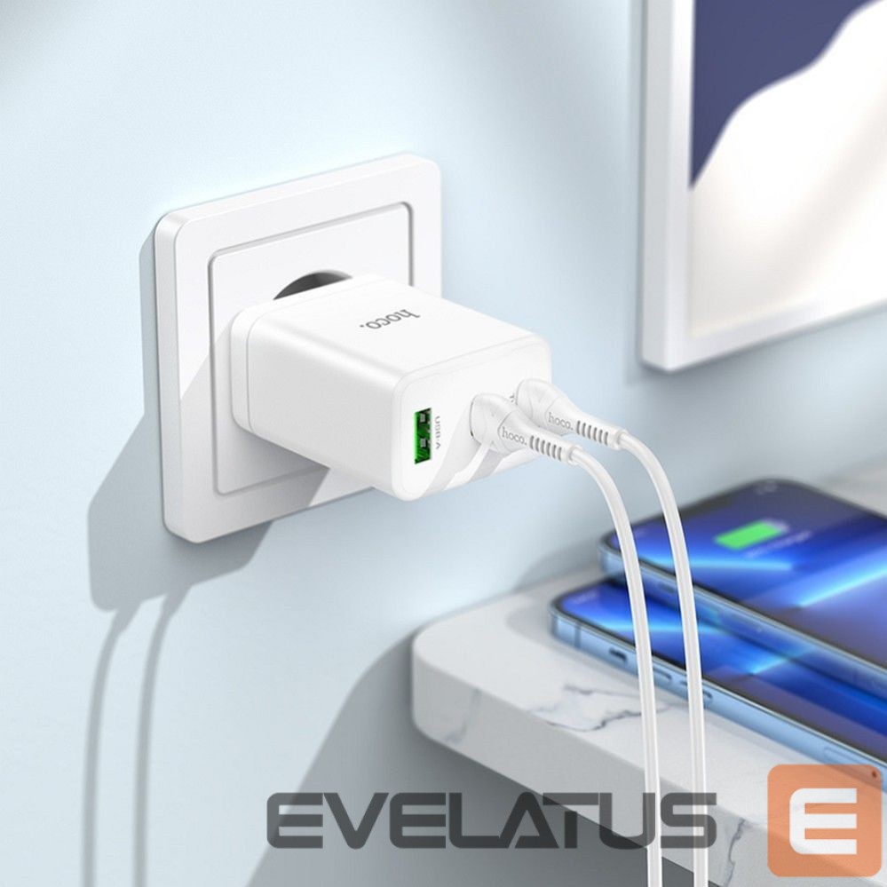 Adapteris Hoco Phone charger Hoco 2 x USB C + USB A QC3.0 PD 3A 35W + cable USB C to Lightning N33 white