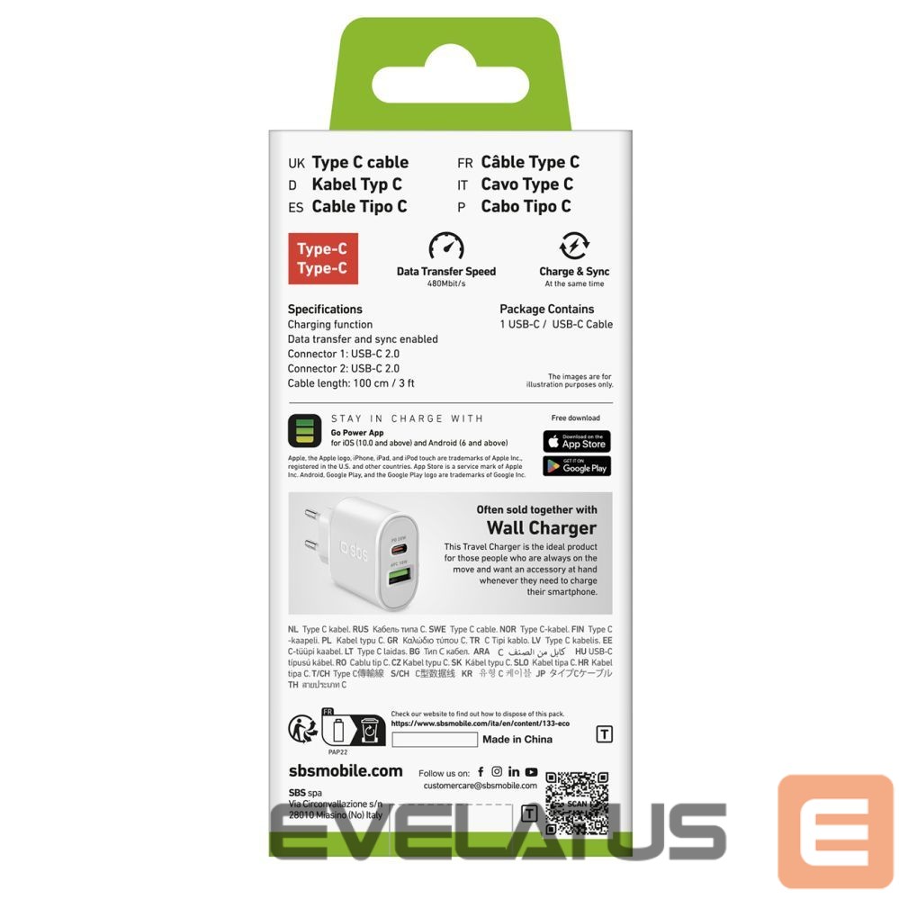 Kabelis SBS SBS TECABLETCC10W USB-C Cable - USB-C Power Delivery 25W 1 m - white