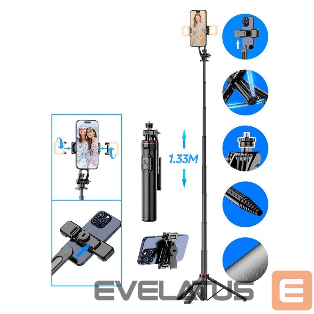 Foto un video aksesuārs Hurtel Selfie stick WC12YDS 1.3m aluminum alloy telescopic tripod with dual lamp and phone holder - black