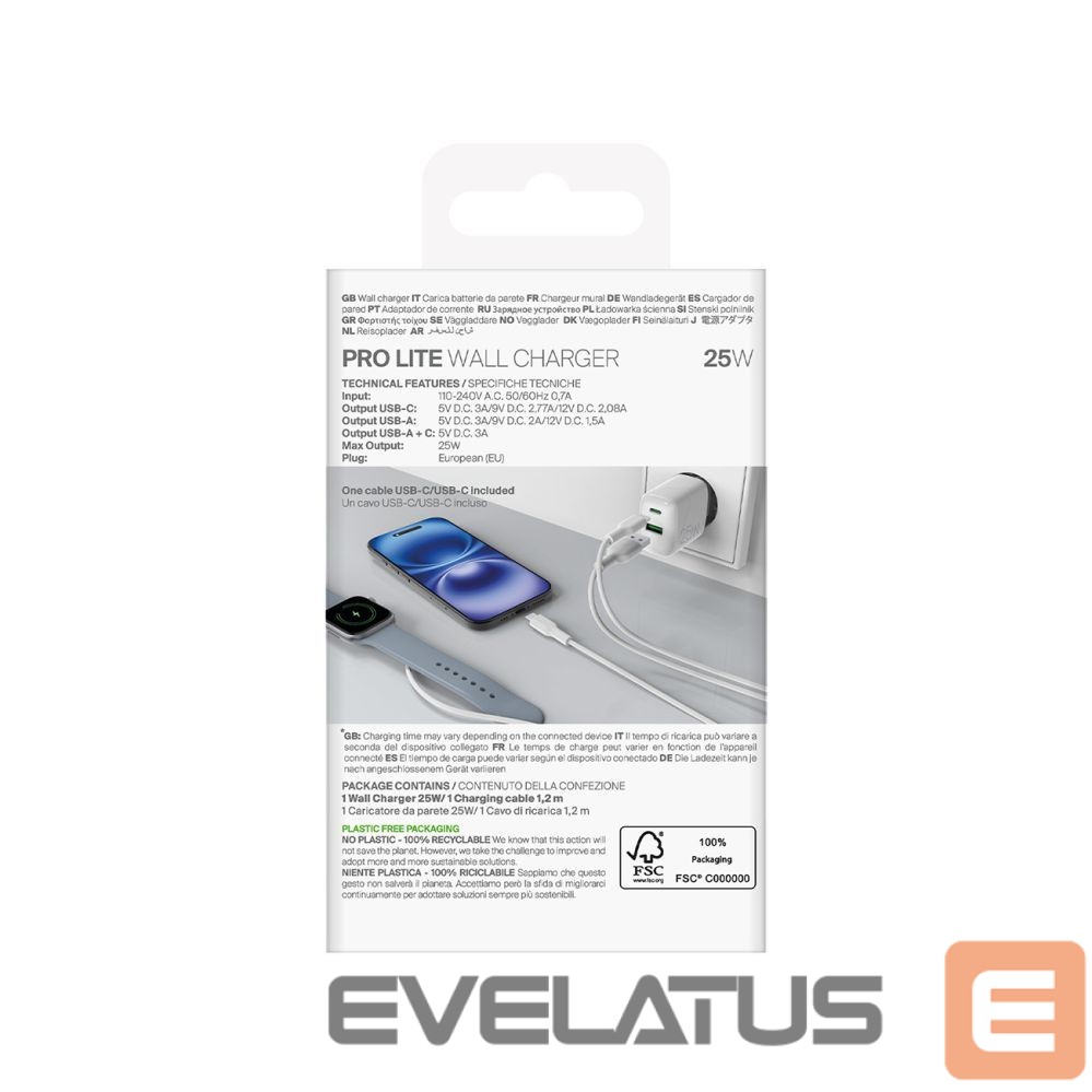 Adapteris Puro Puro PROLITE 25W USB-A / USB-C wall charger + USB-C - USB-C cable 1.2m - white