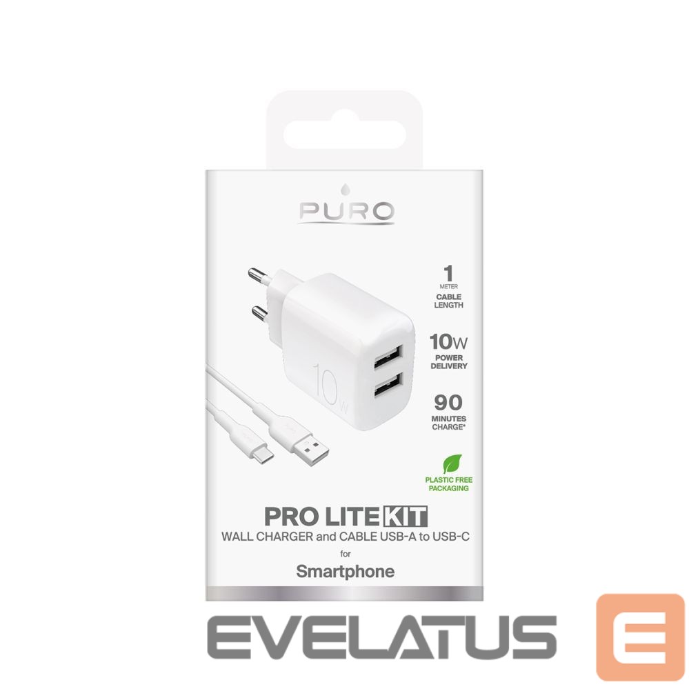 Adapteris Puro Puro PROLITE 10W 2x USB-A wall charger + USB-A - USB-C cable 1.2m - white