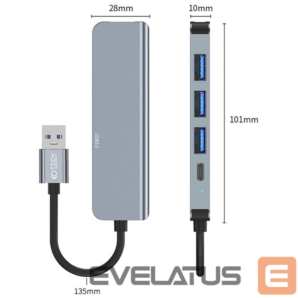 Cita datorprece Tech-Protect HUB Tech-Protect V0 5in1 USB-A - USB-A 3.0 / 3x USB-A 2.0 / USB-C - gray
