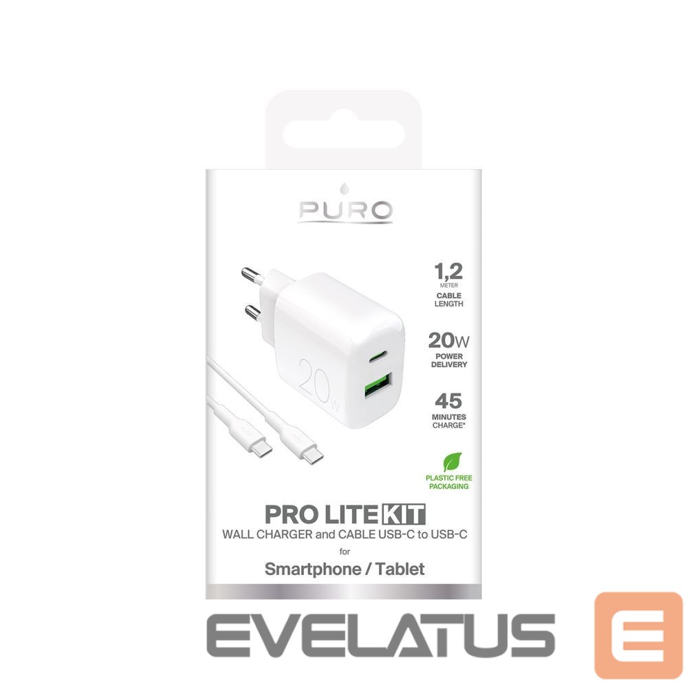 Adapteris Puro Puro PROLITE 20W USB-A / USB-C wall charger + USB-C - USB-C cable 1.2m - white
