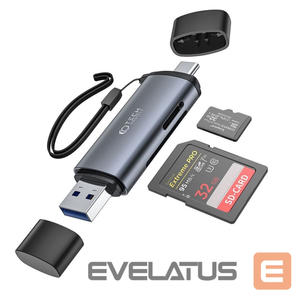 Zibatmiņa Tech-Protect Tech-Protect UltraBoost SD/micro SD card reader with USB-C/USB-A connectors - gray