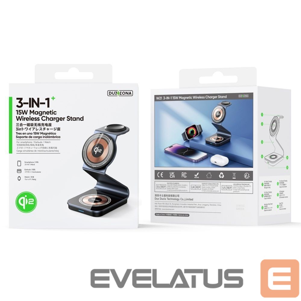 Bezvadu lādētājs Duzzona W21 3-in-1 15W Wireless Charging Stand Phone Earphone Watch Charger (Qi2 Certified) Transparent