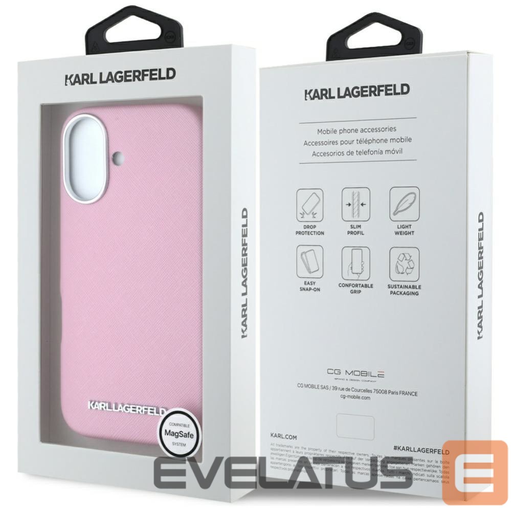 Citas preces Karl Lagerfeld Karl Lagerfeld Saffiano Full Wrapped Elongated Metal Logo MagSafe iPhone 16 Case - Pink