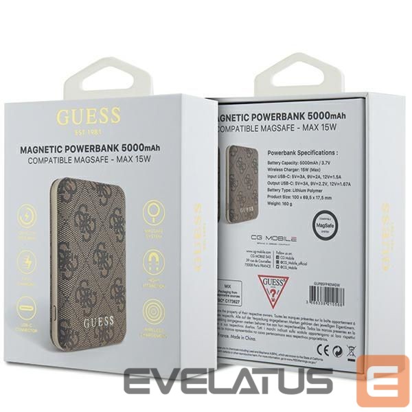 Citas preces Guess Guess Powerbank inductive 15W GUPB5FP4EMGW 5000mAh brown/brown 4G Leather Metal Logo MagSafe
