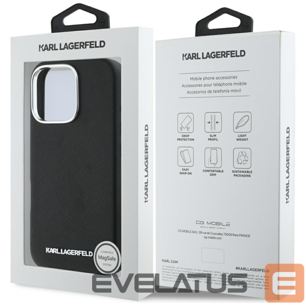 Citas preces Karl Lagerfeld Karl Lagerfeld Saffiano Full Wrapped Elongated Metal Logo MagSafe Case for iPhone 16 Pro Max - Black