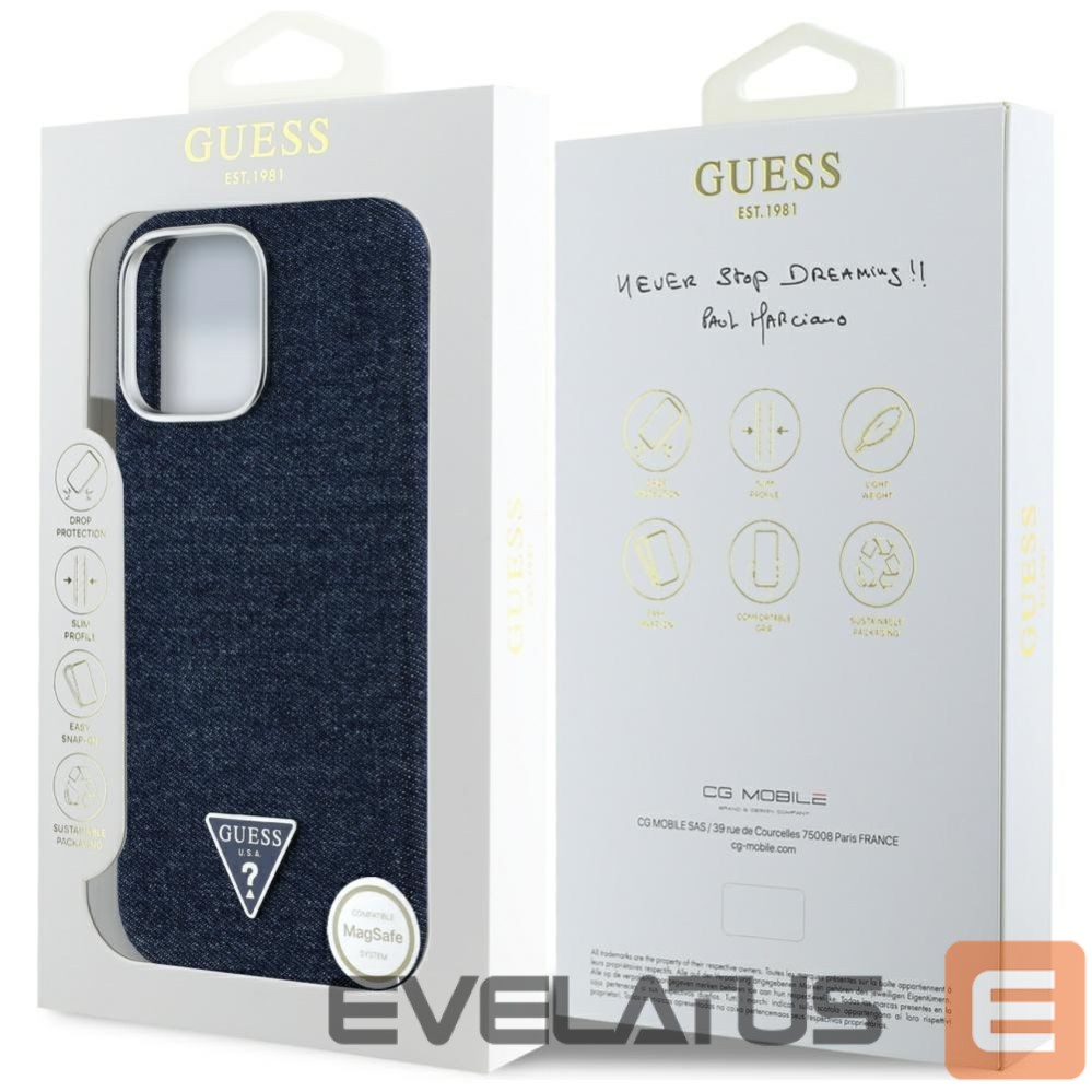 Citas preces Guess Guess Denim Triangle Logo MagSafe iPhone 16 Pro Case - Blue