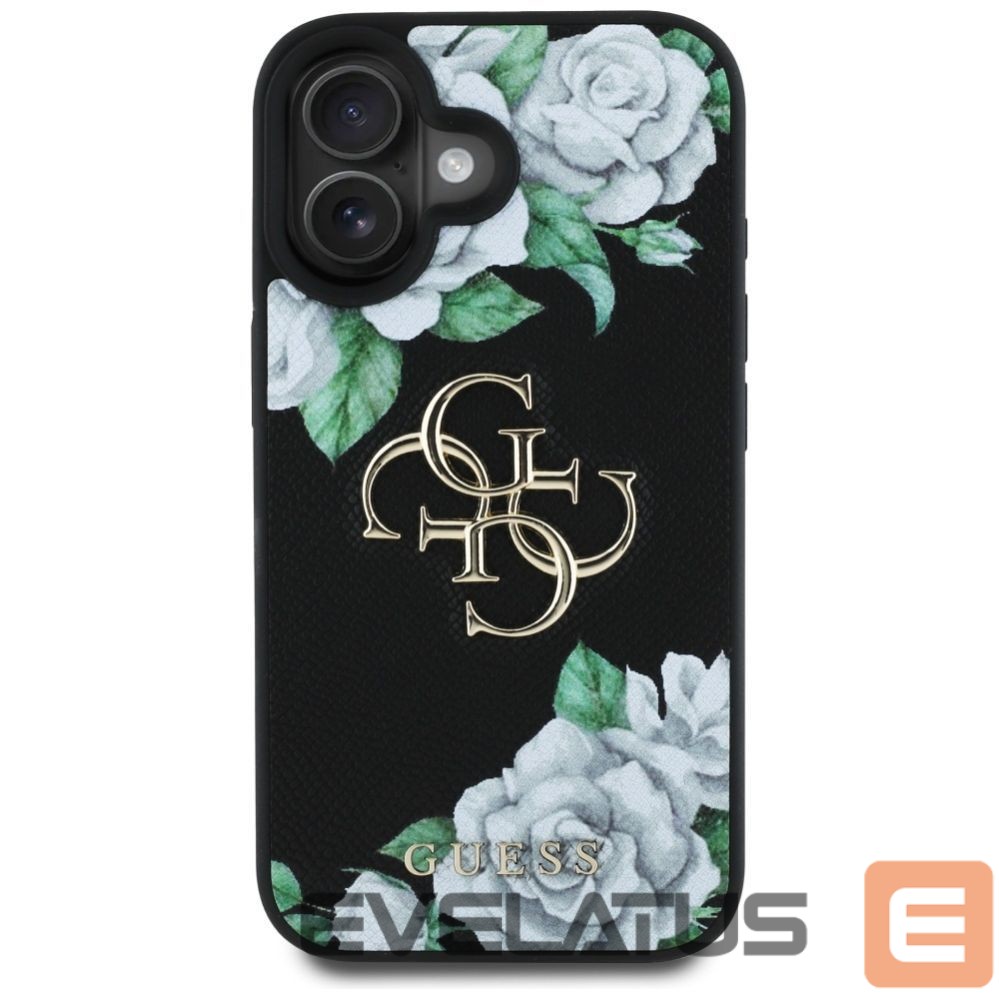 Citas preces Guess Guess Grained Roses Big 4G logo case for iPhone 16 - black
