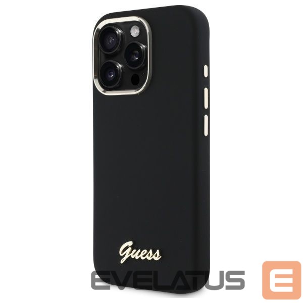 Citas preces Guess Guess Silicone Script Metal Logo & Frame Case for iPhone 16 Pro Max - Black