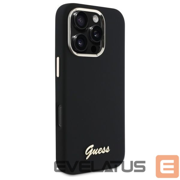 Citas preces Guess Guess Silicone Script Metal Logo & Frame Case for iPhone 16 Pro Max - Black