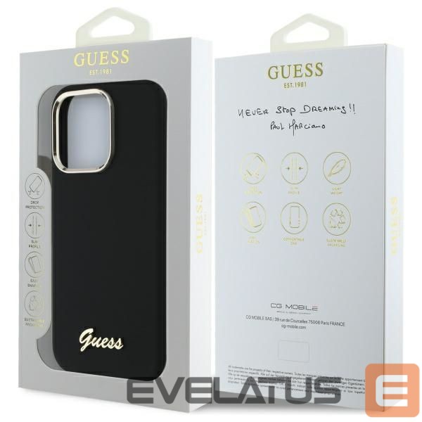 Citas preces Guess Guess Silicone Script Metal Logo & Frame Case for iPhone 16 Pro Max - Black