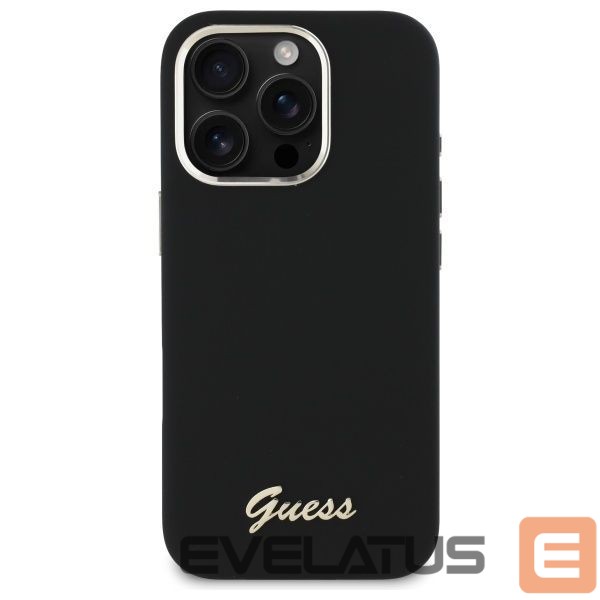 Citas preces Guess Guess Silicone Script Metal Logo & Frame Case for iPhone 16 Pro Max - Black