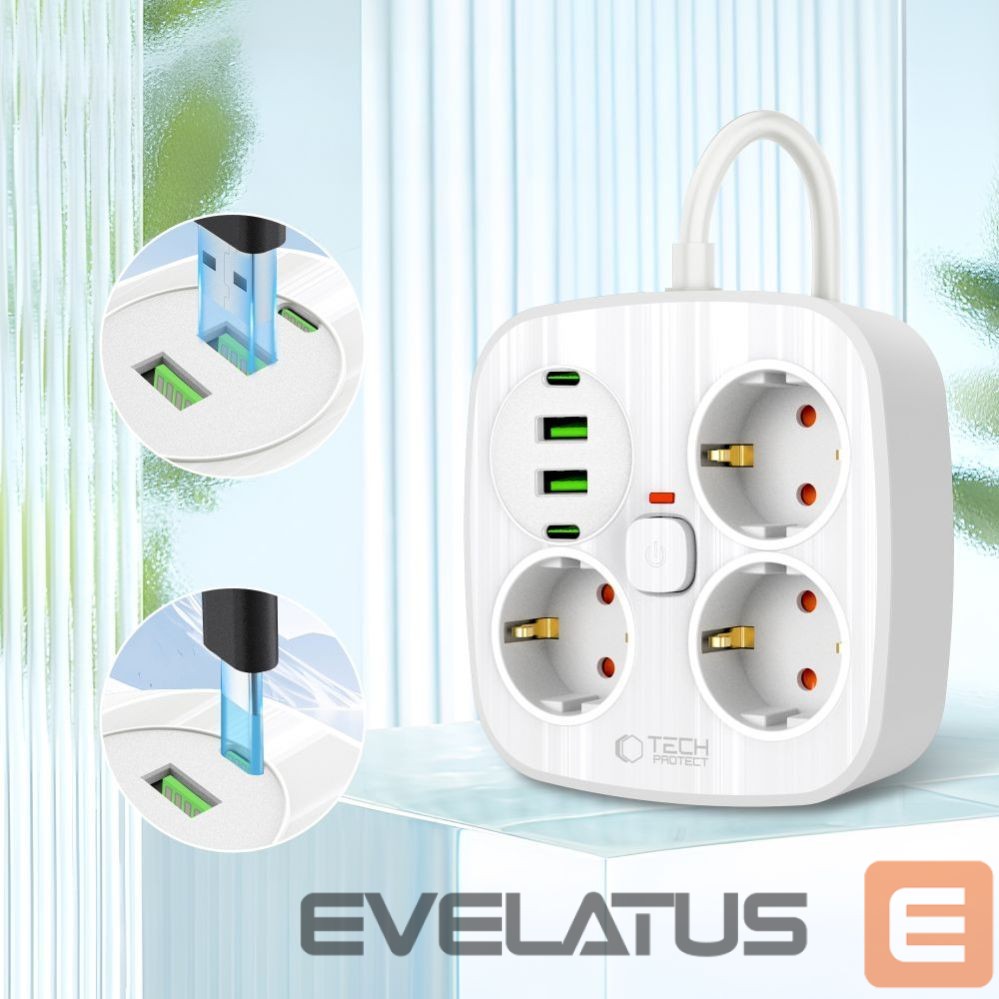 Citas preces Tech-Protect Tech-Protect PCS3X4 power strip, 3 sockets, 2xUSB-A, 2xUSB-C 200 cm - white