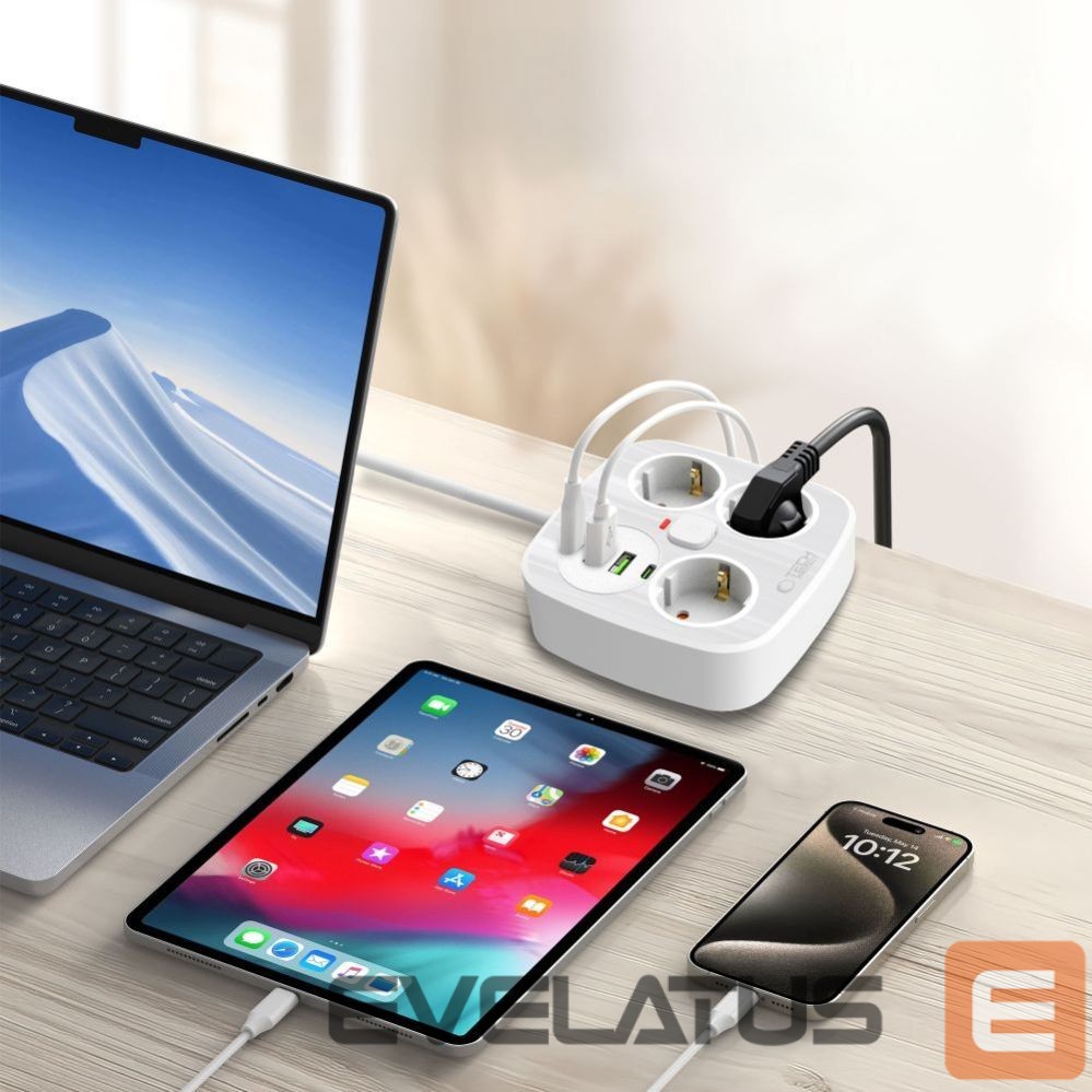 Citas preces Tech-Protect Tech-Protect PCS3X4 power strip, 3 sockets, 2xUSB-A, 2xUSB-C 200 cm - white