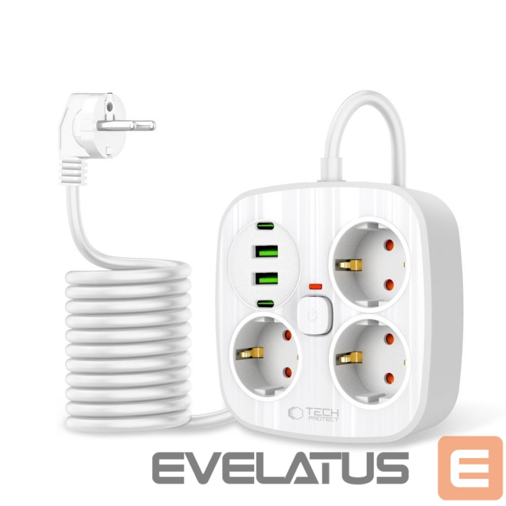 Citas preces Tech-Protect Tech-Protect PCS3X4 power strip, 3 sockets, 2xUSB-A, 2xUSB-C 200 cm - white